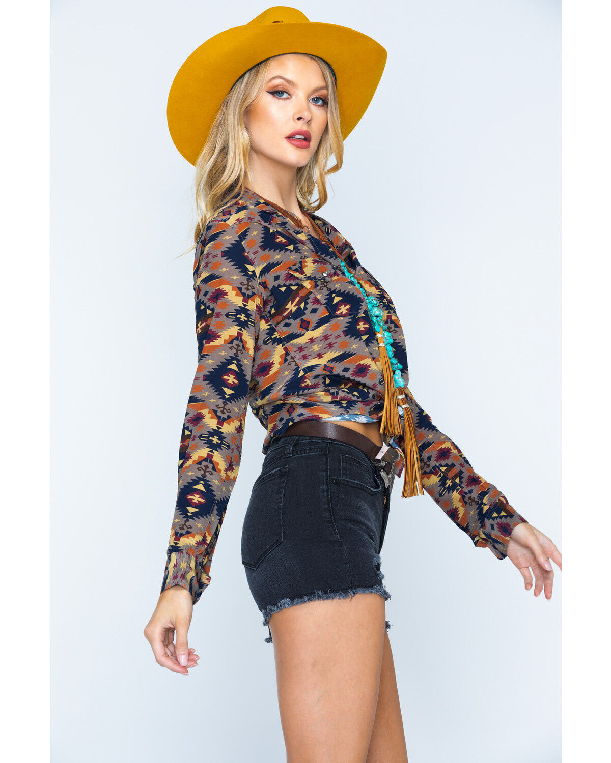 Image #4 - Ryan Michael Women's Aspen Southwestern Silk Print Long Sleeve Pearl Snap Western Shirt, Grey, hi-res
