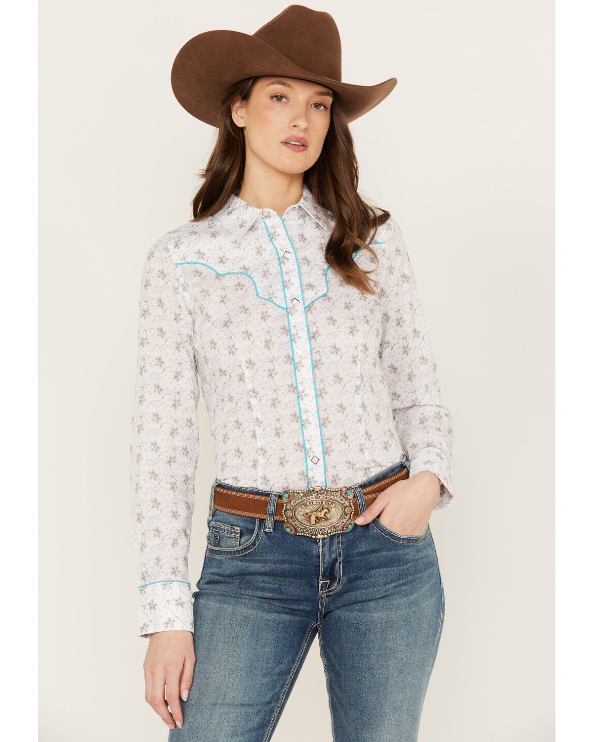 Image #1 - Rock & Roll Denim Women's Floral Long Sleeve Pearl Snap Western Shirt, White, hi-res