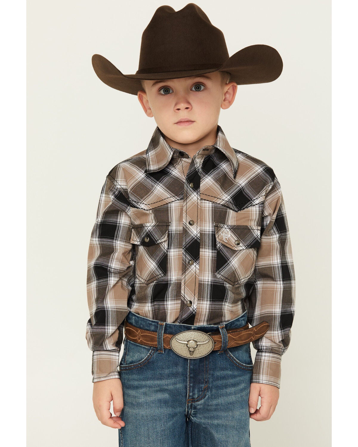 Cowboy Hardware Boys' Hombre Plaid Print Long Sleeve Snap Stretch Western Shirt, Multi, hi-res