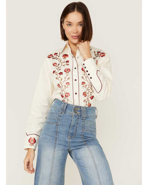 Image #1 - Rockmount Ranchwear Women's Vintage Thistle Floral Embroidery Pearl Snap Western Shirt, , hi-res