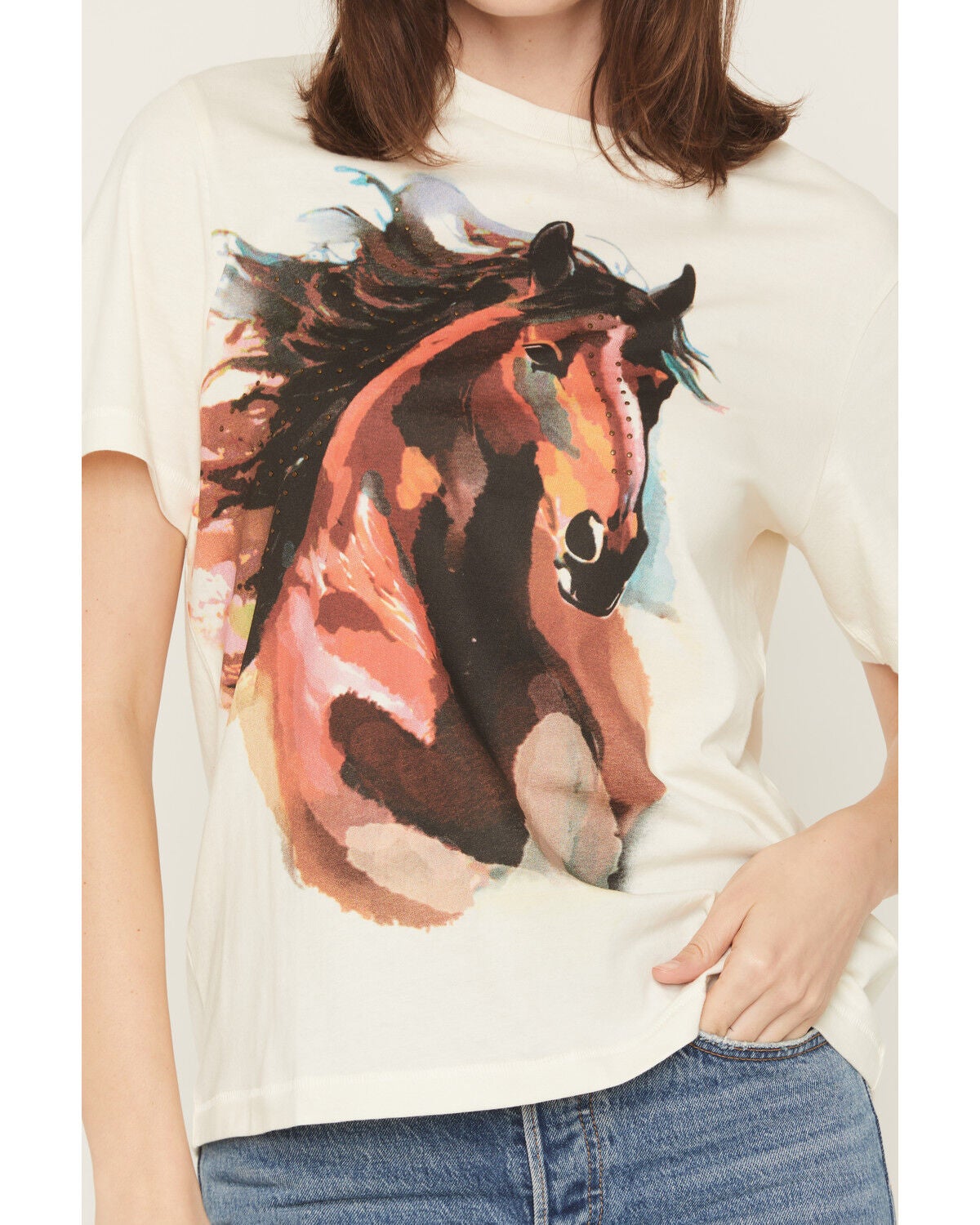 Image #3 - Shyanne Women's Studded Horse Short Sleeve Graphic Tee, Cream, hi-res