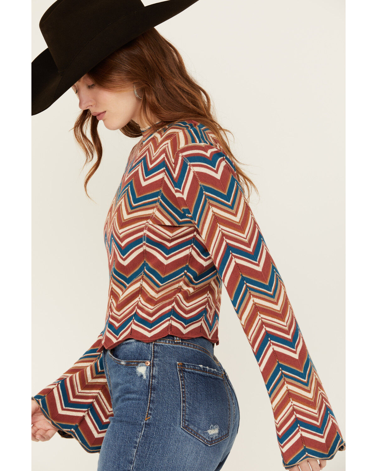 Image #3 - Rock & Roll Denim Women's Zig Zag Print Long Sleeve Bell Sweater, Rust Copper, hi-res