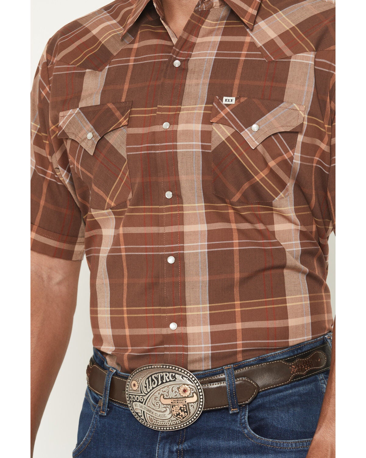 Image #3 - Ely Walker Men's Boot Barn Exclusive Plaid Print Short Sleeve Pearl Snap Western Shirt, Brown, hi-res