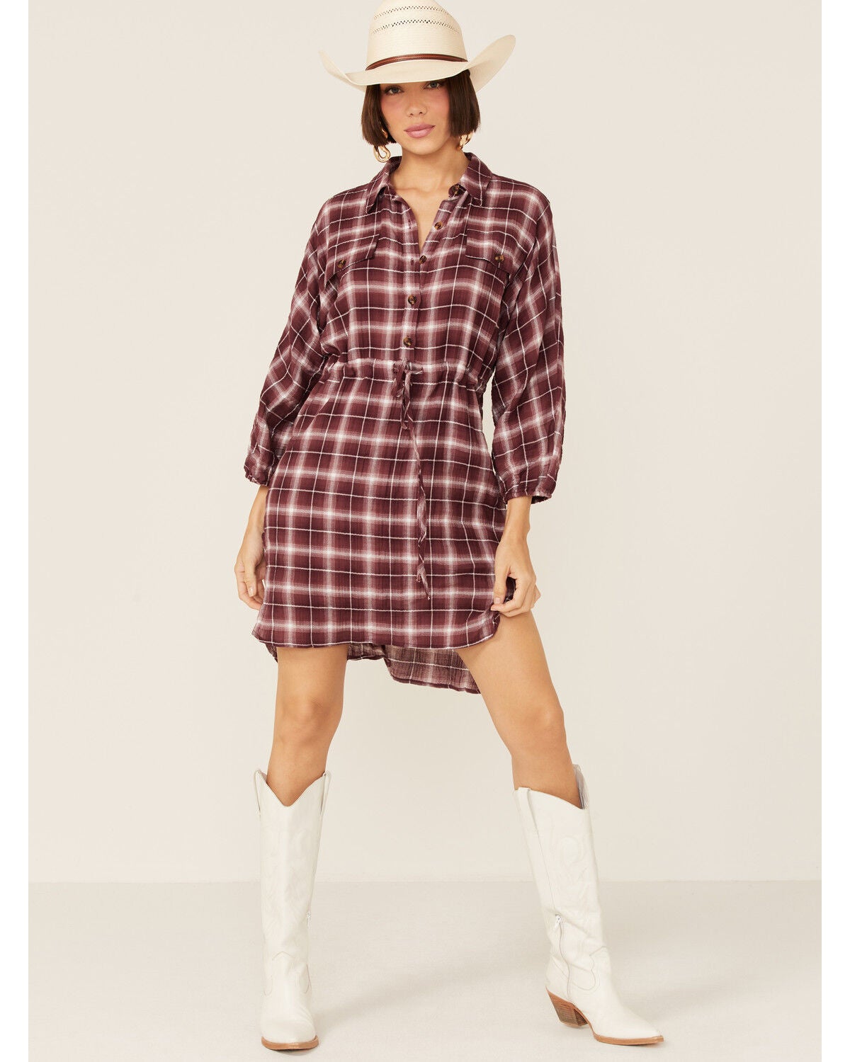 Wild Moss Women's Burgundy Long Sleeve Plaid Shirt Mini Dress, Burgundy, hi-res