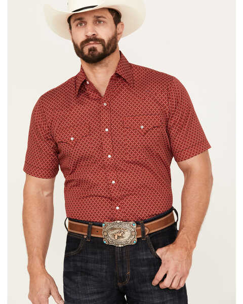 Ely Walker Men's Print Short Sleeve Pearl Snap Western Shirt, Red, hi-res