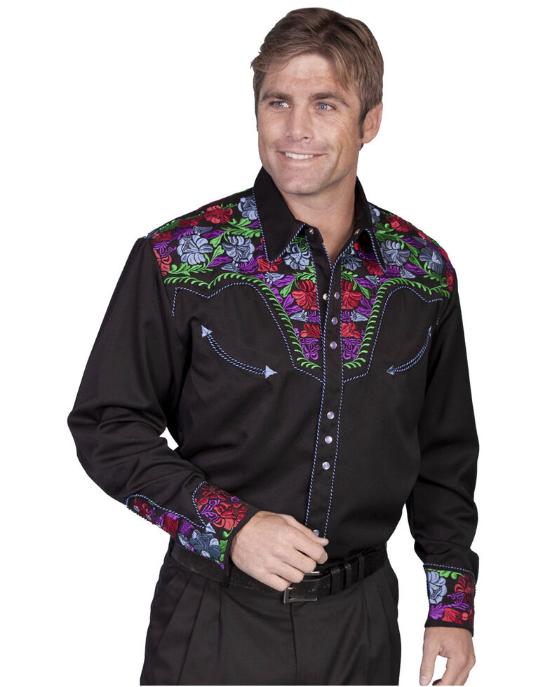 Scully Men's Vibrant Floral Embroidered Retro Long Sleeve Western Shirt, Black, hi-res