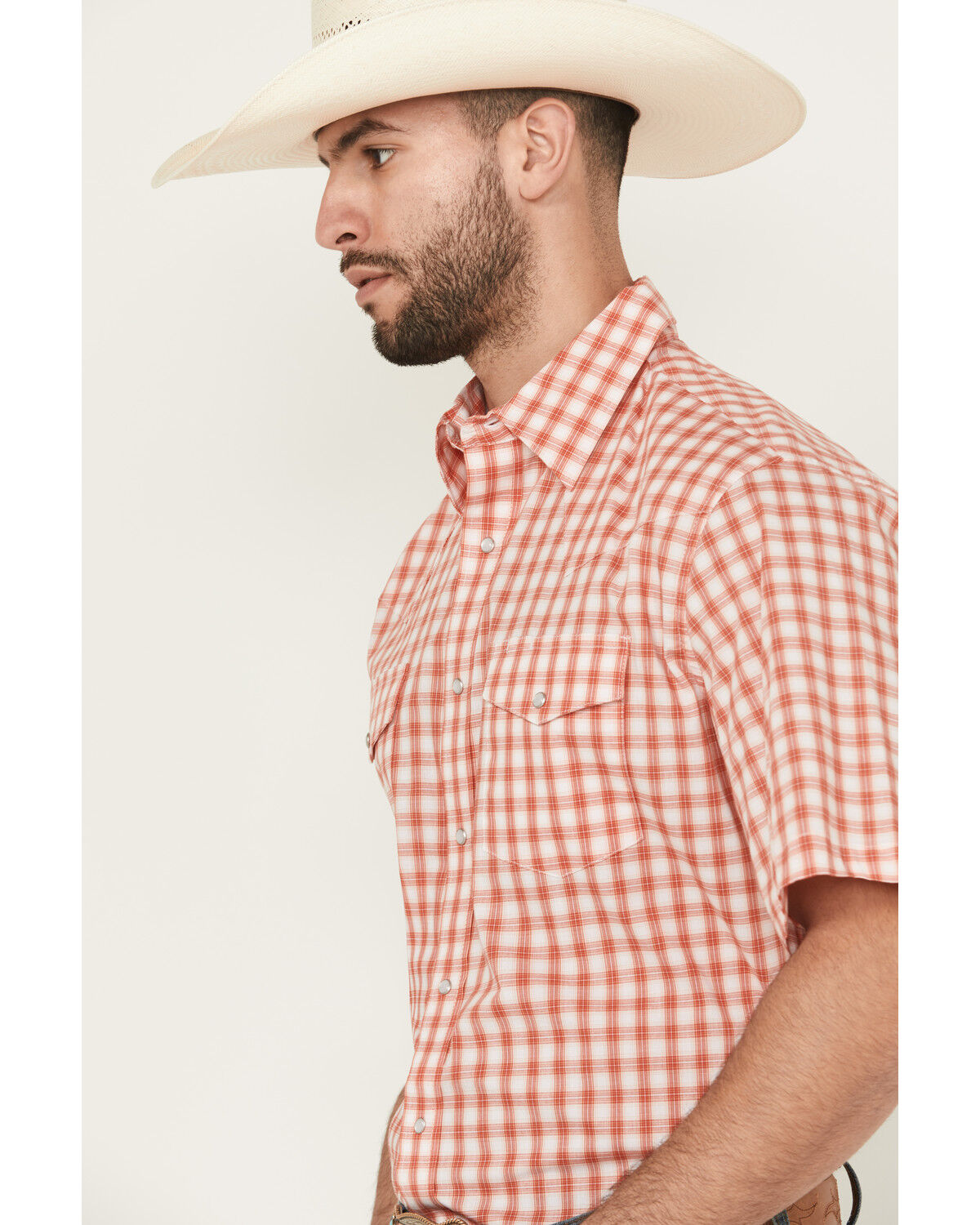 Image #2 - Wrangler Men's Plaid Print Short Sleeve Pearl Snap Western Shirt, Orange, hi-res