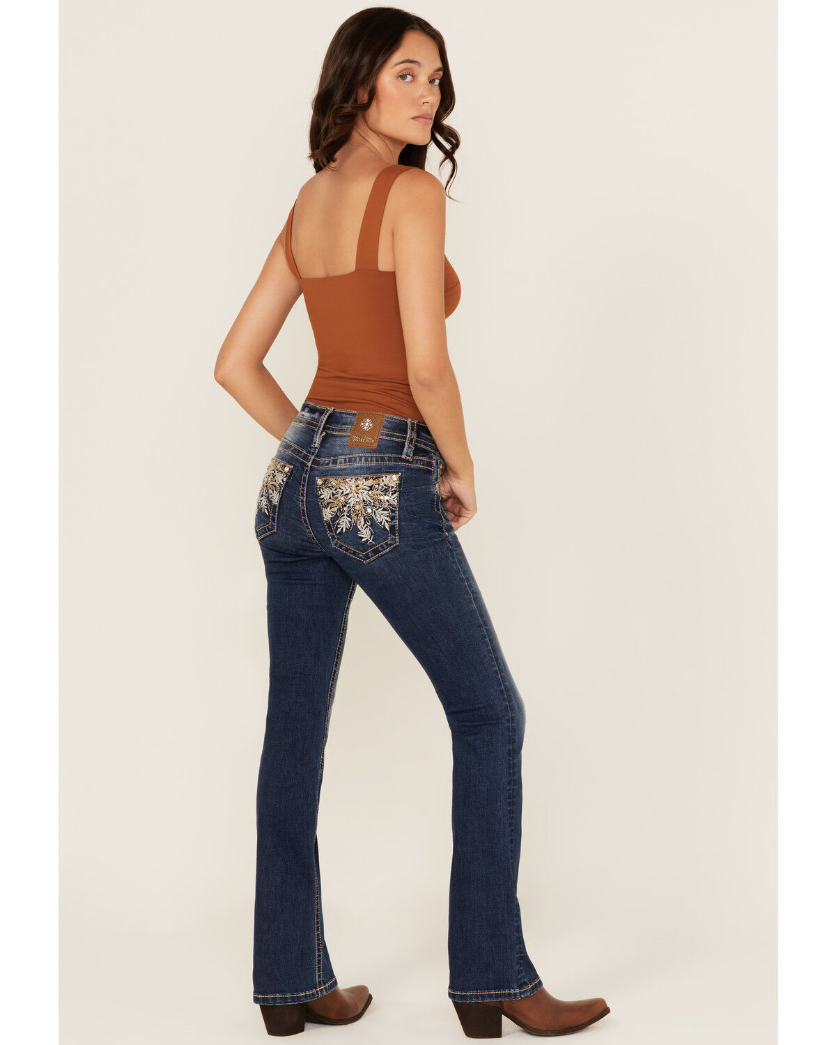 Image #1 - Miss Me Women's Dark Wash Mid Rise Leaf Pocket Bootcut Stretch Denim Jeans, Dark Wash, hi-res
