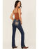 Image #1 - Miss Me Women's Dark Wash Mid Rise Leaf Pocket Bootcut Stretch Denim Jeans, Dark Wash, hi-res