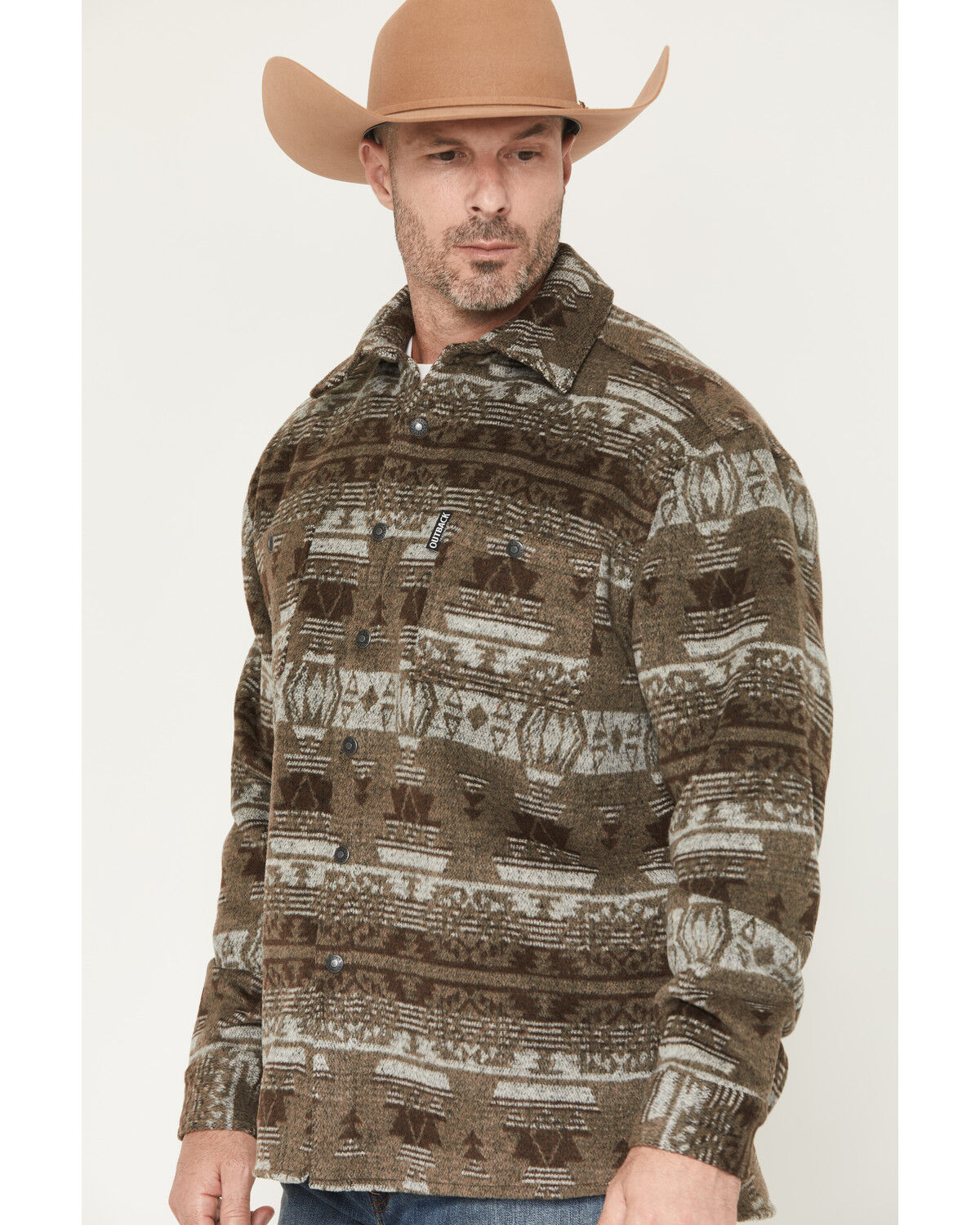 Image #2 - Outback Trading Co Men's Hudson Southwestern Print Snap Shirt Jacket, Taupe, hi-res