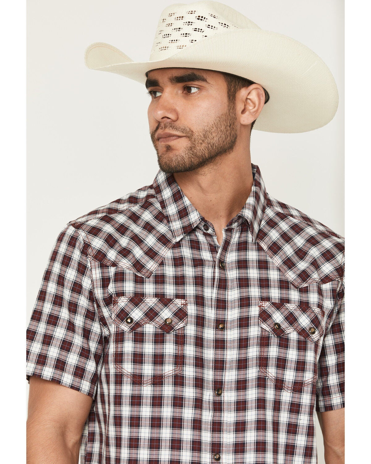 Image #2 - Moonshine Spirit&reg; Men's West Virginia Plaid Print Short Sleeve Snap Flannel Shirt, Burgundy, hi-res