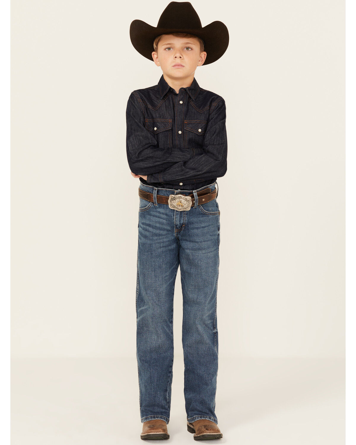 Image #1 - Wrangler Retro Boys' Medium Wash Relaxed Bootcut Stretch Denim Jeans, Blue, hi-res