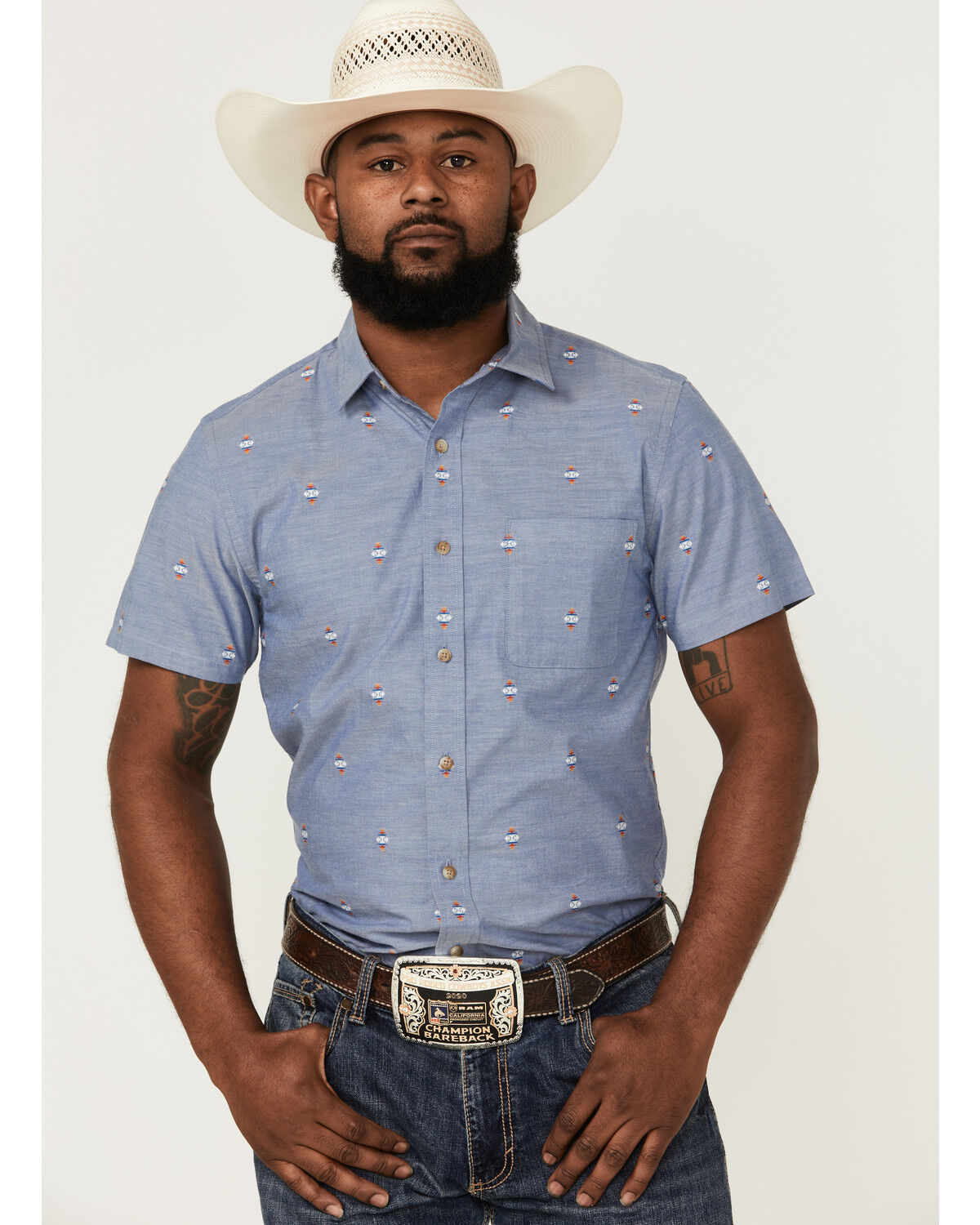 Image #1 - Pendleton Men's Carson Chambray Dobby Short Sleeve Button Down Western Shirt, Blue, hi-res