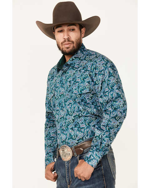 Image #1 - Roper Men's Amarillo Paisley Print Long Sleeve Snap Western Shirt, Blue, hi-res