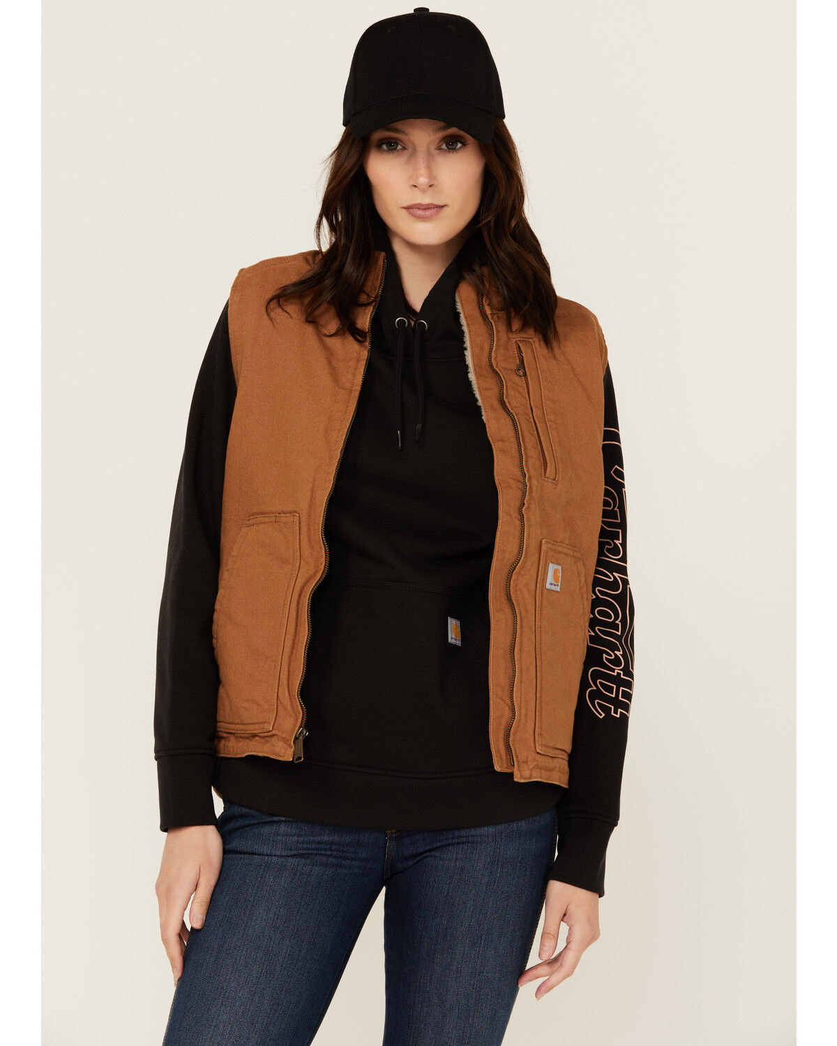 Image #1 - Carhartt Women's Washed Duck Sherpa Lined Vest, Brown, hi-res