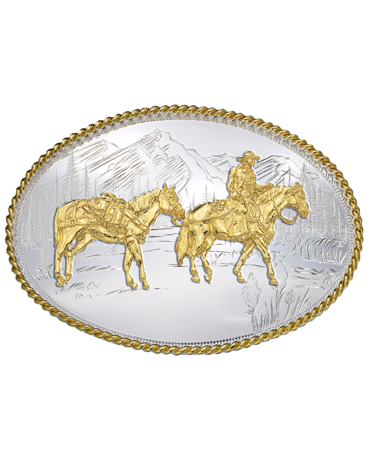 Image #1 - Montana Silversmiths Etched Mountains Pack Horse & Rider Western Belt Buckle, Multi, hi-res