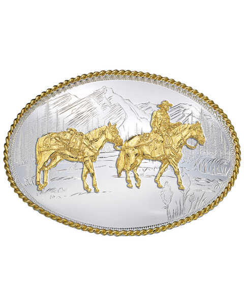 Montana Silversmiths Etched Mountains Pack Horse & Rider Western Belt Buckle, Multi, hi-res