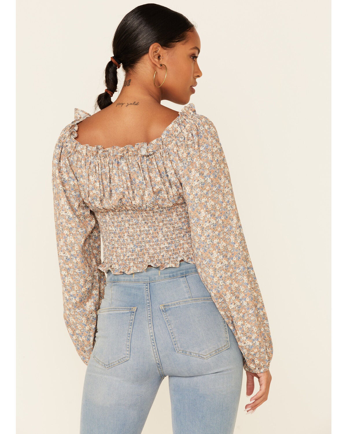 Ditsy Smocked Long Sleeve Peasant Crop 