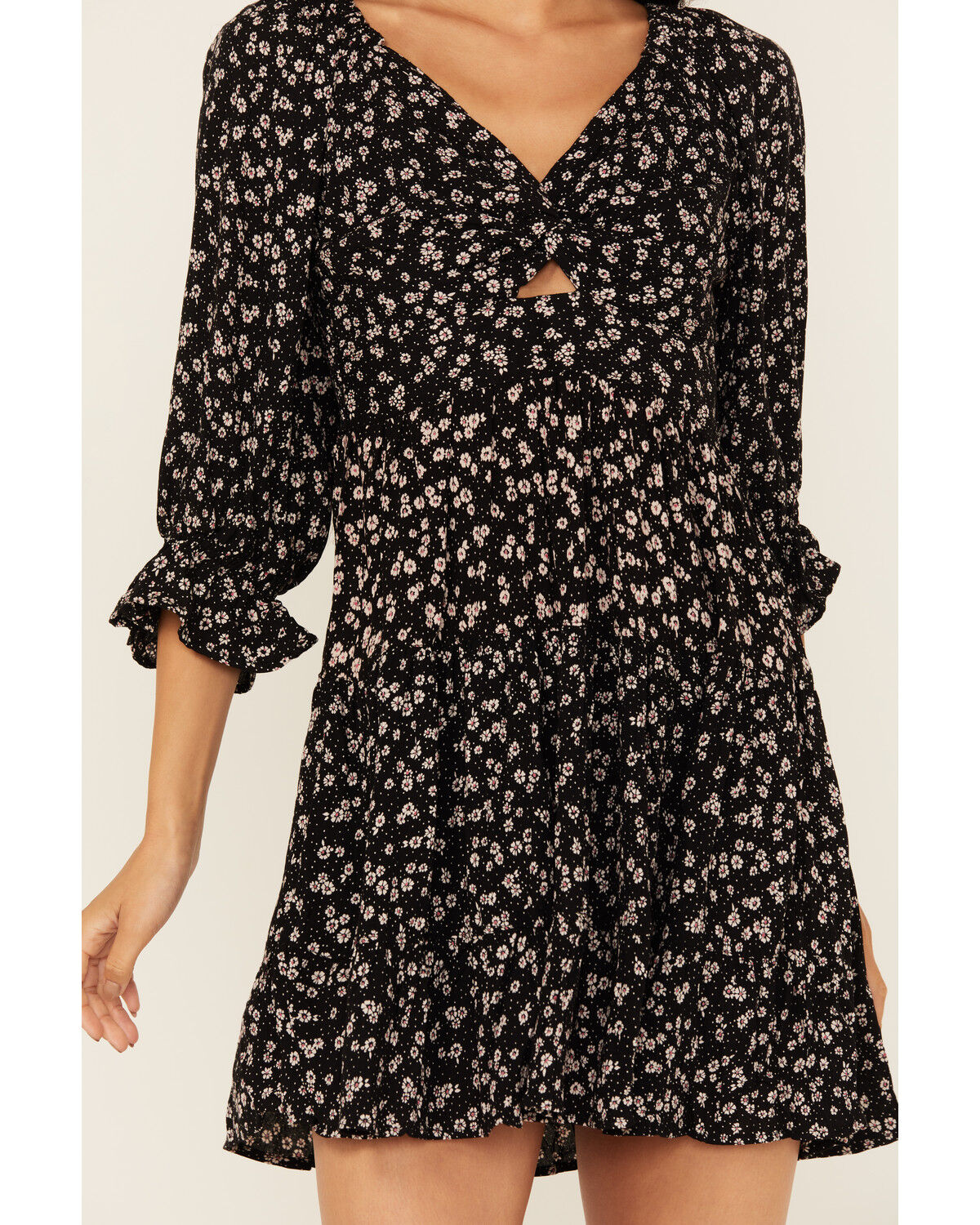 Image #3 - Angie Women's Floral Print Knot Front Mini Dress, Black, hi-res