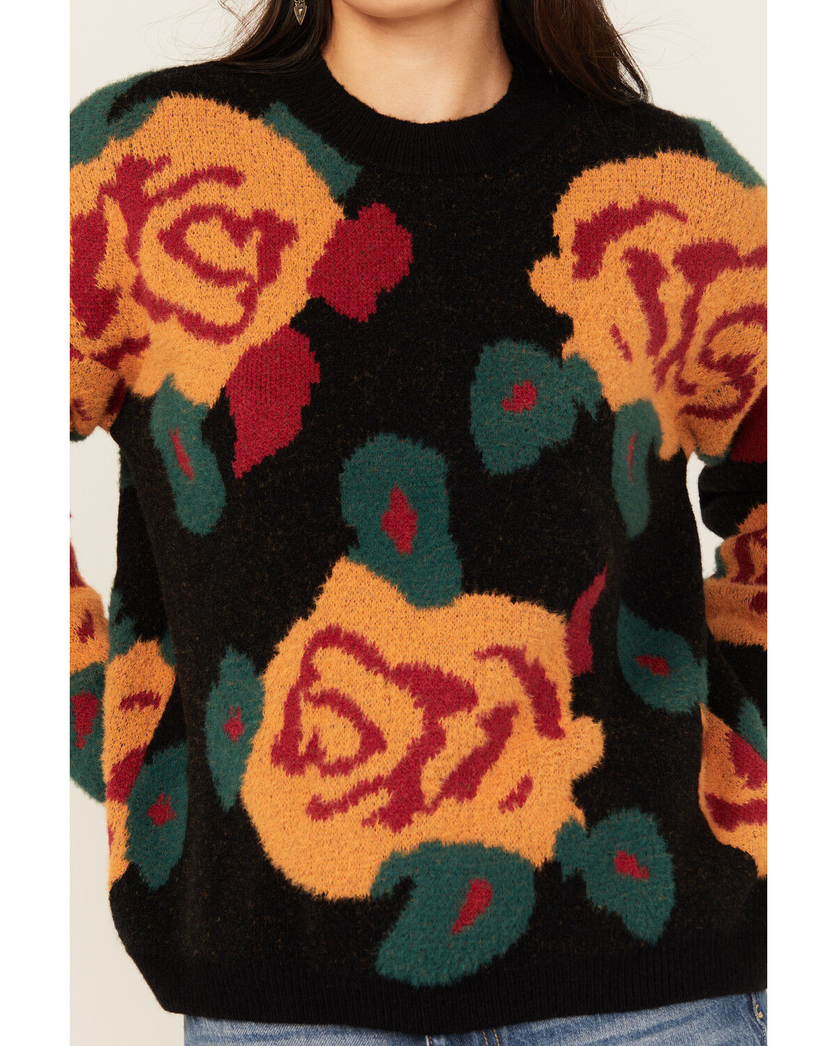 Image #3 - Evergreen Women's Floral Crew Neck Sweater, Black, hi-res