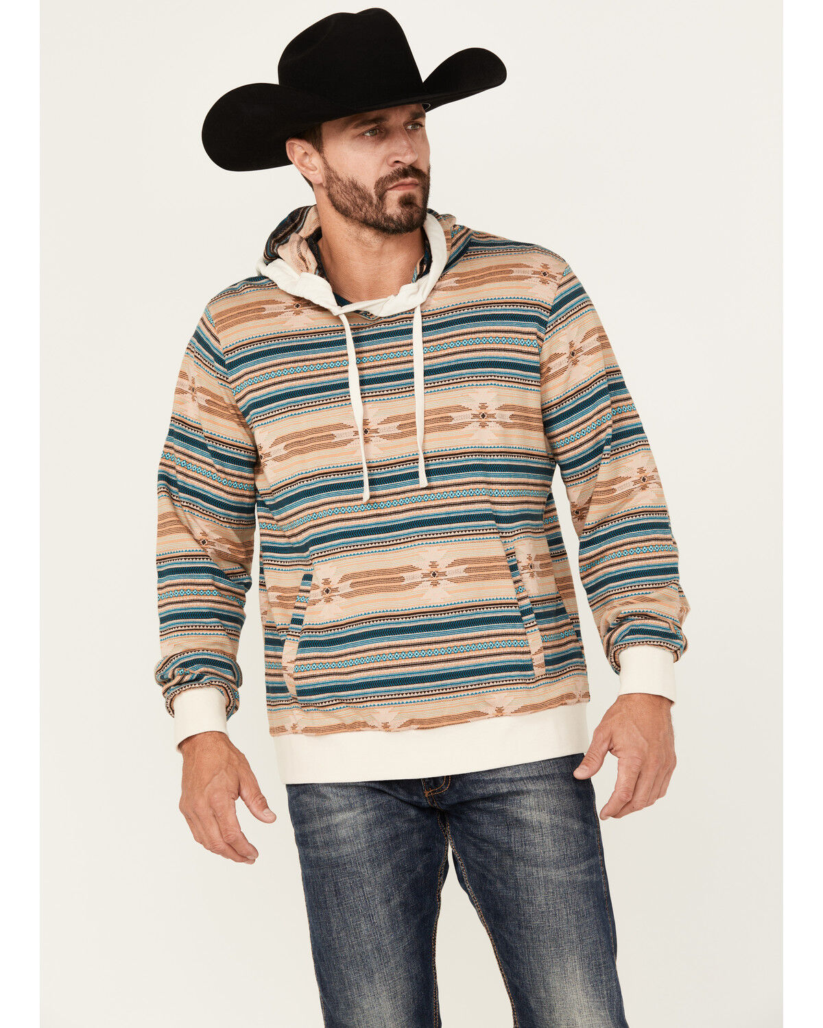Image #1 - Rock & Roll Denim Men's Southwestern Print Hooded Sweatshirt, Tan, hi-res