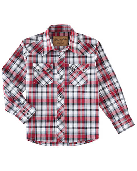 Wrangler Boys' Plaid Print Long Sleeve Western Snap Shirt, Red, hi-res