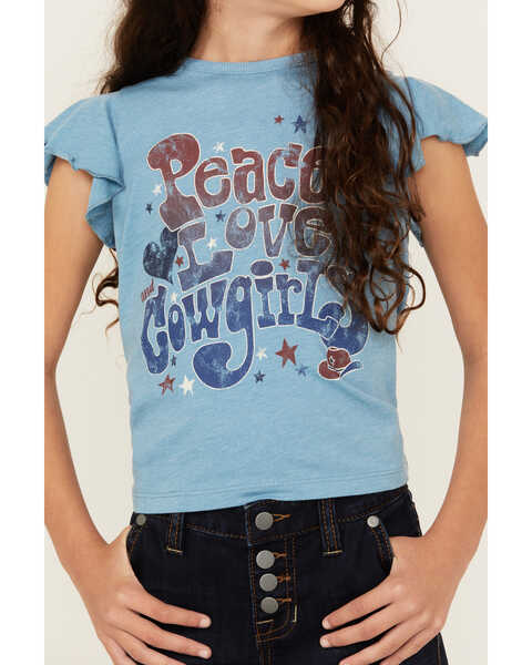 Image #3 - Shyanne Girls' Peace Love Cowgirls Flutter Sleeve Graphic Tee, Light Blue, hi-res