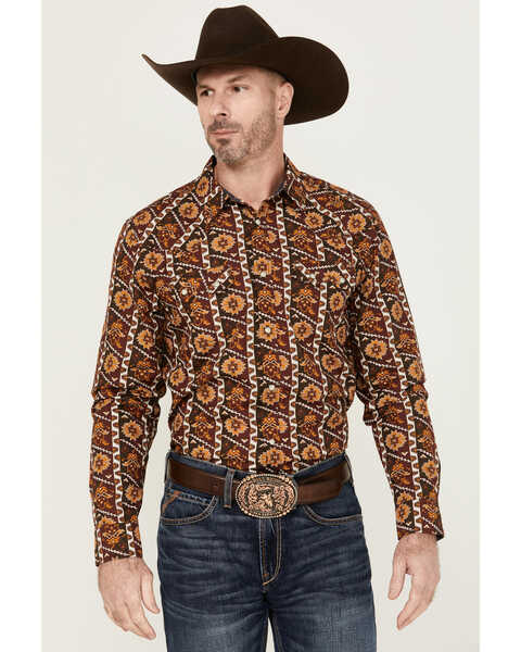 Image #1 - Cody James Men's Row Boat Southwestern Print Long Sleeve Snap Western Shirt , Red, hi-res