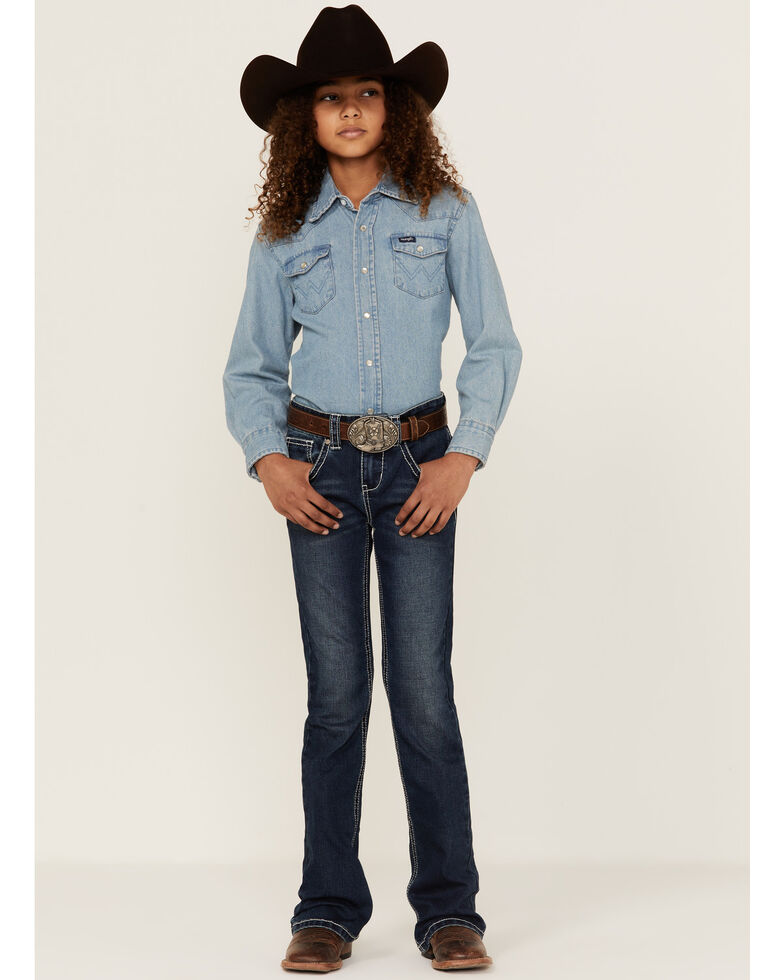 Shyanne Youth Girls' Southwestern Dreamcatcher Pocket Bootcut Jeans , Blue, hi-res