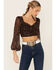 Image #1 - Lush Women's Lace Trim Rose Long Sleeve Crop Blouse, Black, hi-res