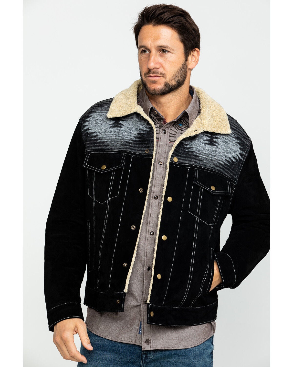 Scully Men's Boar Suede Southwestern Yolk Jean Jacket, Black, hi-res