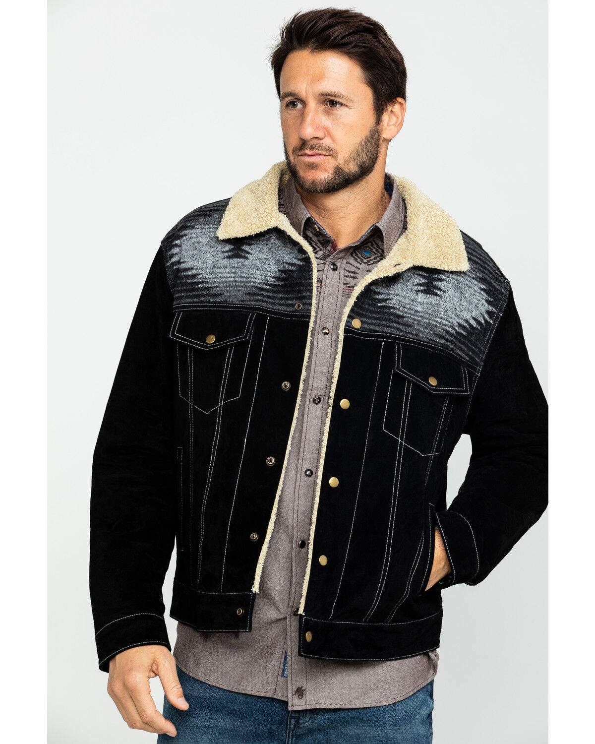 Image #1 - Scully Men's Boar Suede Southwestern Yolk Jean Jacket, Black, hi-res