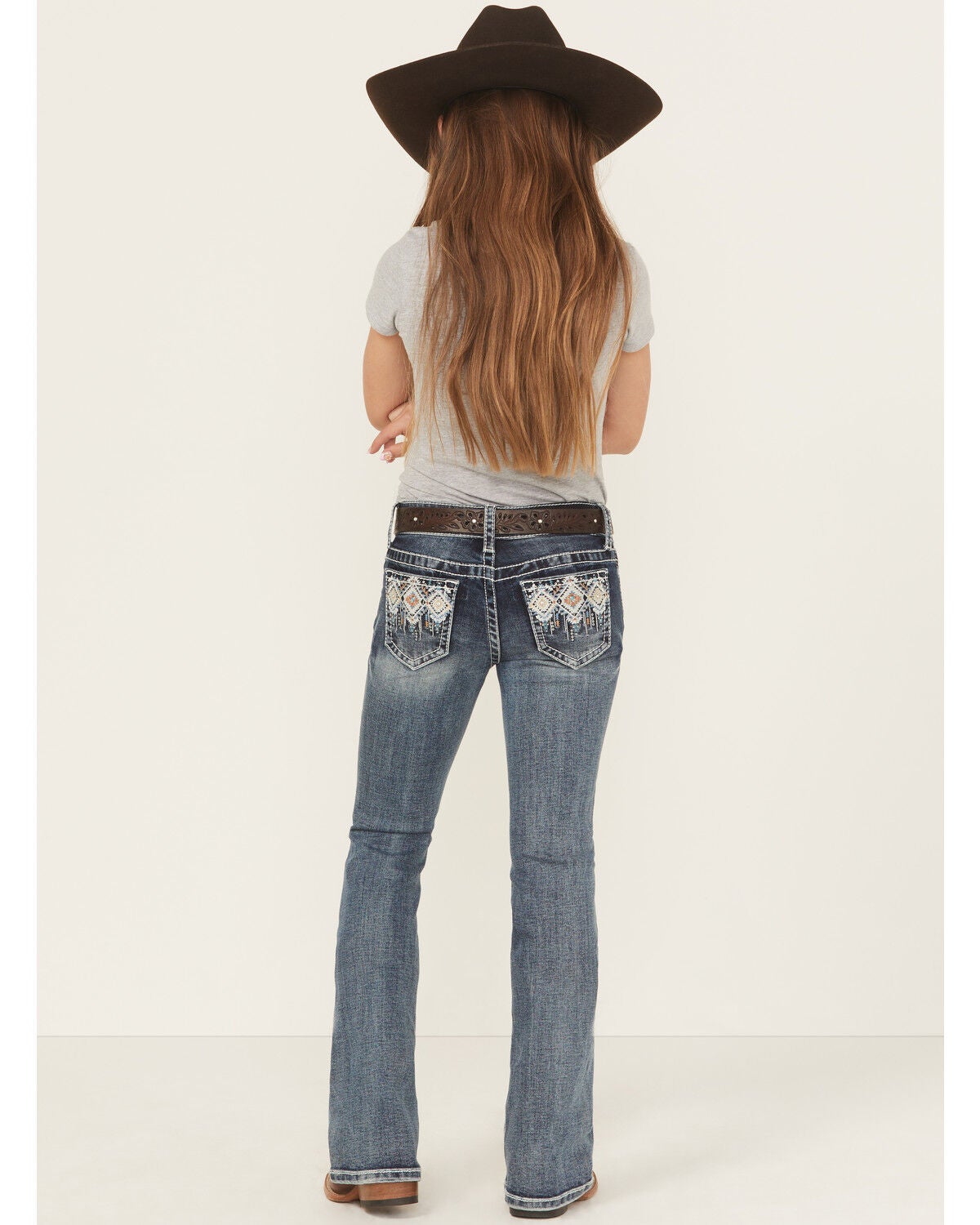 Grace in LA Girls' Medium Wash Geo Diamond Pocket Bootcut Stretch Denim Jeans, Medium Wash, hi-res