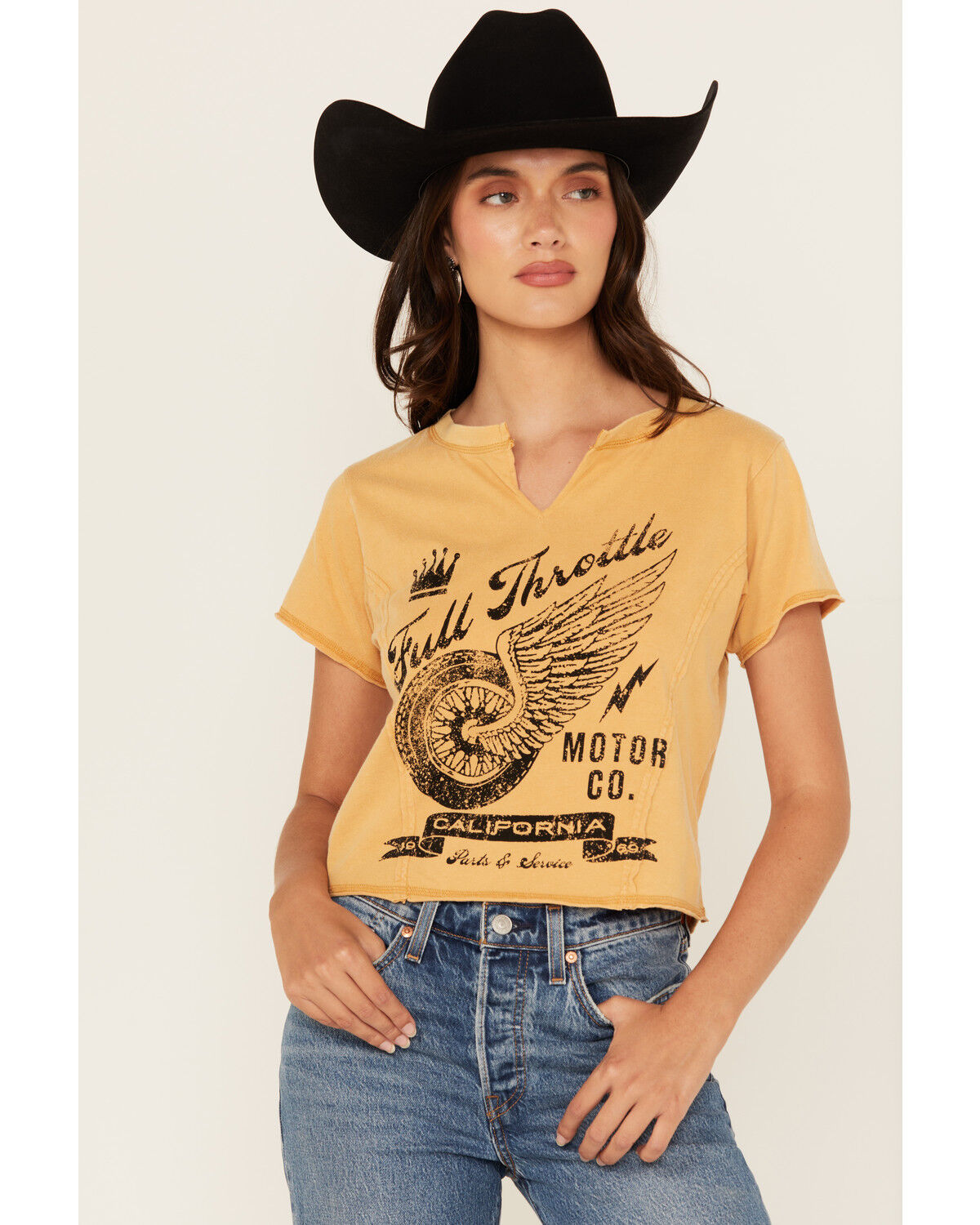 Image #1 - Cleo + Wolf Women's Baby Full Throttle Short Sleeve Cropped Graphic Tee, Dark Yellow, hi-res
