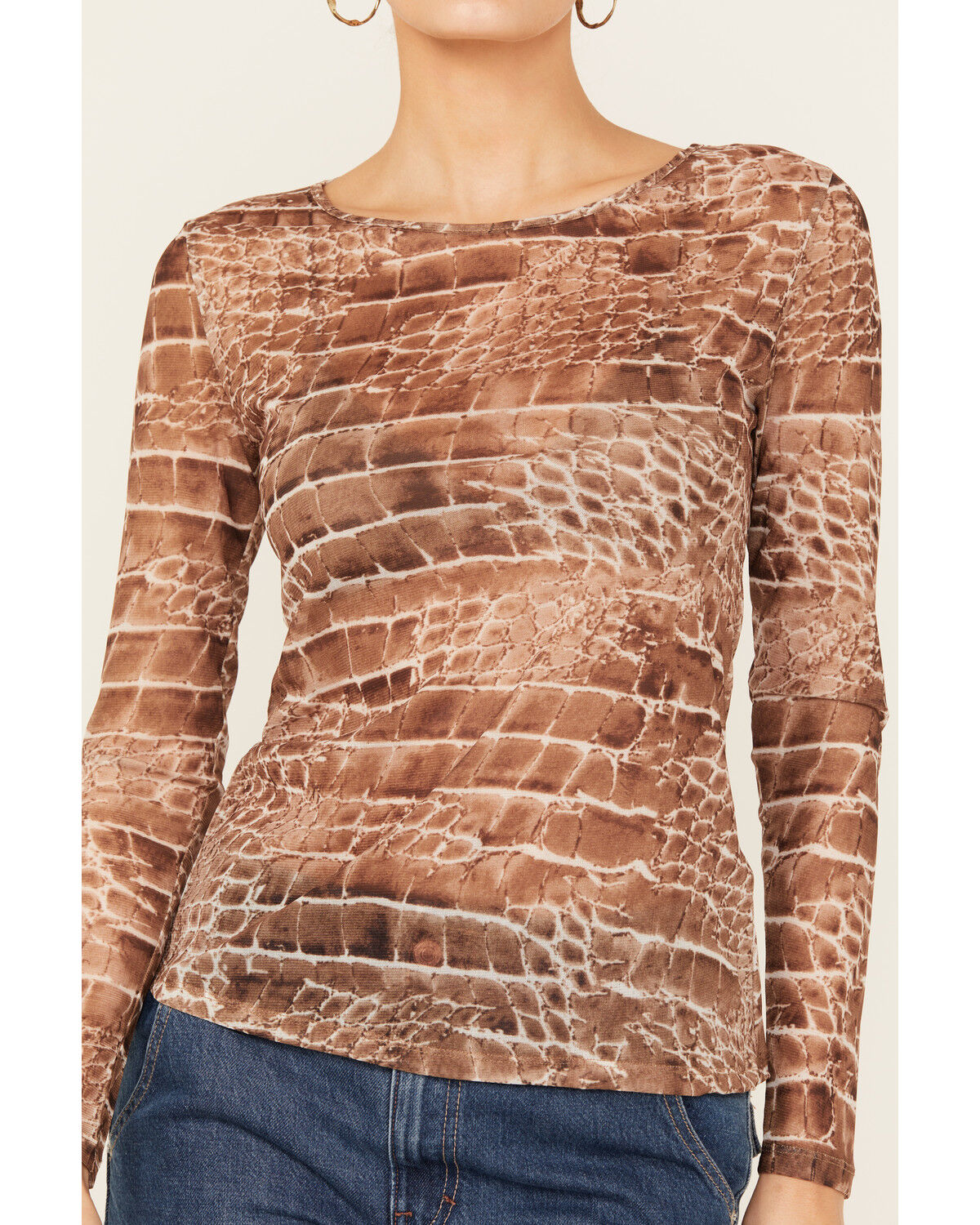 Image #3 - Vocal Women's Snake Print Long Sleeve Mesh Top, Brown, hi-res