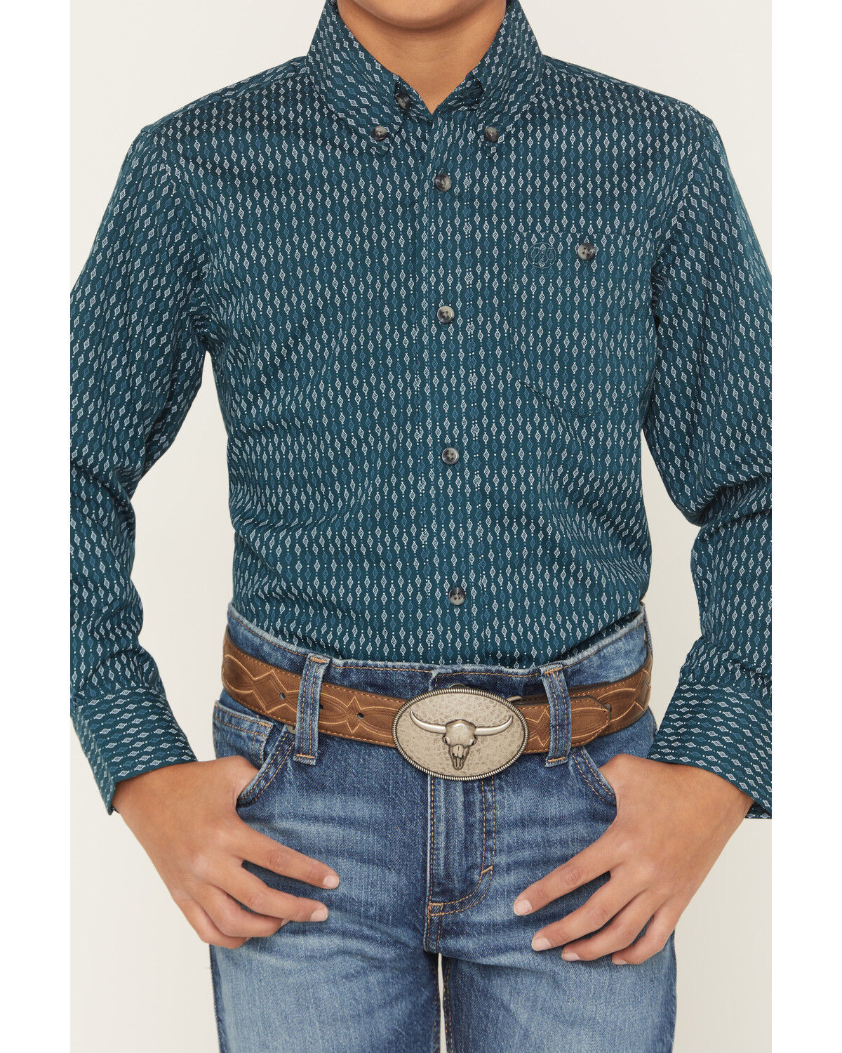 Image #3 - Wrangler Boys' Geo Print Long Sleeve Button-Down Western Shirt, Teal, hi-res
