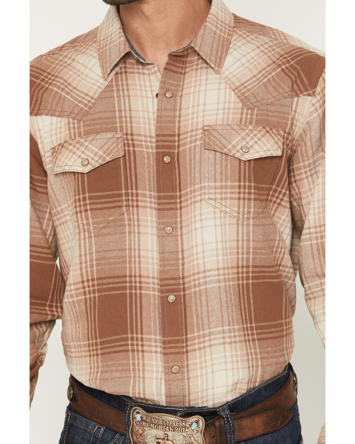Image #3 - Cody James Men's Smoke Mountain Plaid Print Long Sleeve Snap Flannel Shirt, Lt Brown, hi-res
