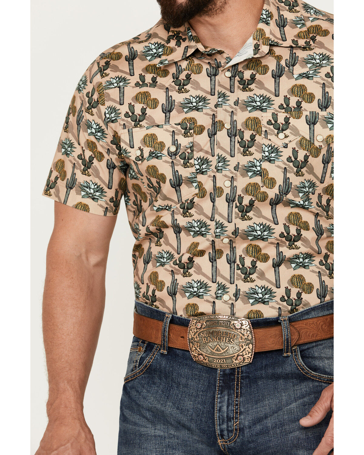 Image #2 - Rock & Roll Denim Men's Cactus Print Stretch Short Sleeve Snap Western Shirt, Tan, hi-res