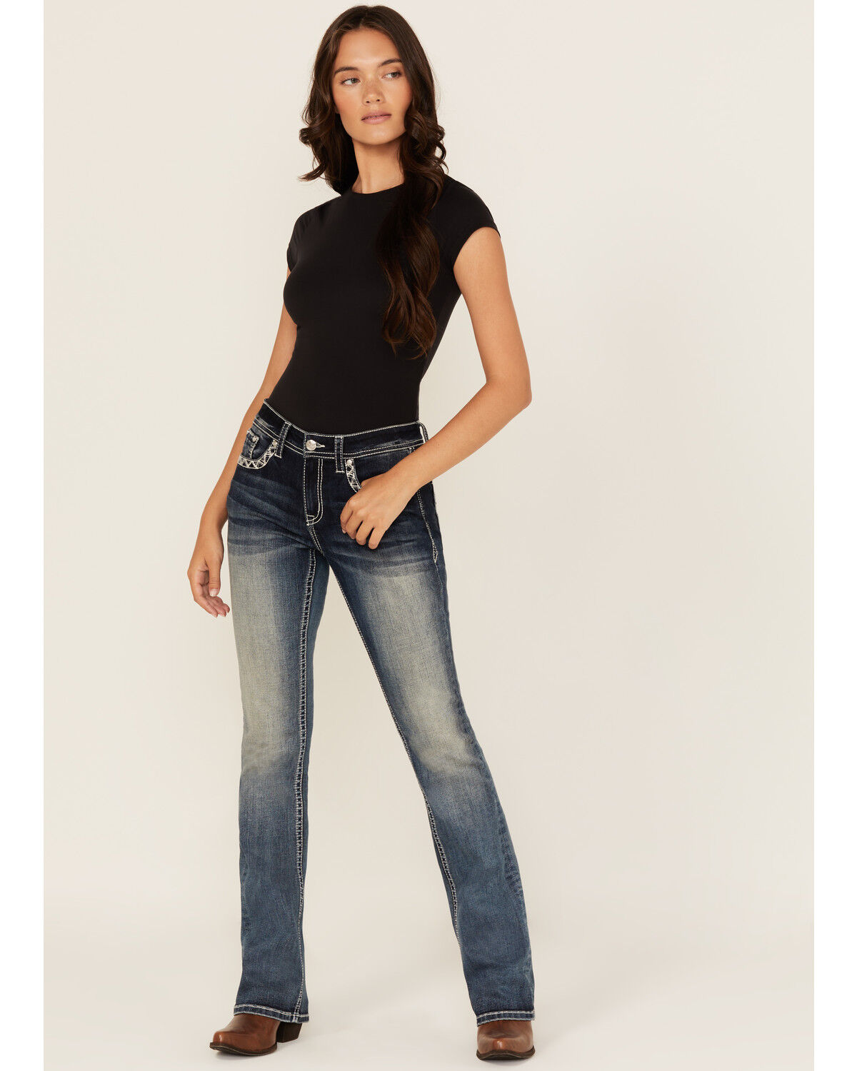 Image #3 - Grace In LA Women's Medium Wash Steerhead Embroidered Mid Rise Bootcut Stretch Denim Jeans, Medium Wash, hi-res