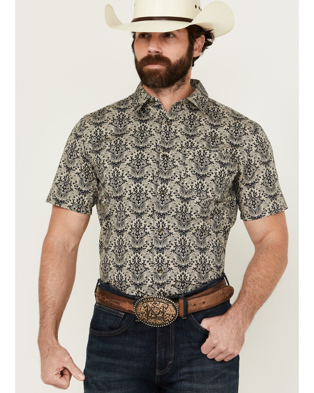 Gibson Men's Queen of Spades Medallion Print Short Sleeve Button-Down Western Shirt, Tan, hi-res