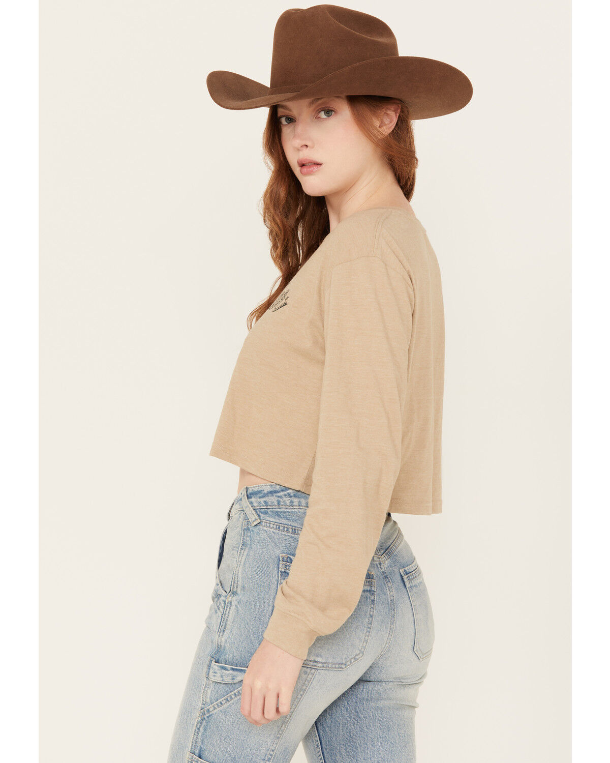 Image #4 - Wrangler Women's Logo Long Sleeve Graphic Cropped Tee, Oatmeal, hi-res