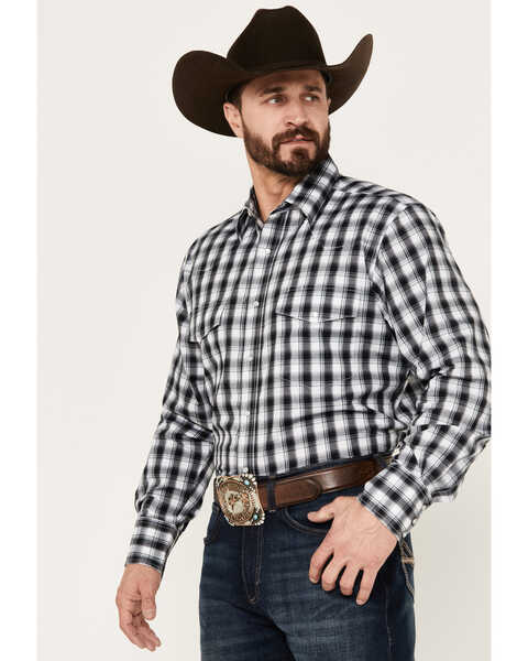 Wrangler Men's Plaid Print Long Sleeve Pearl Snap Western Shirt, Black, hi-res