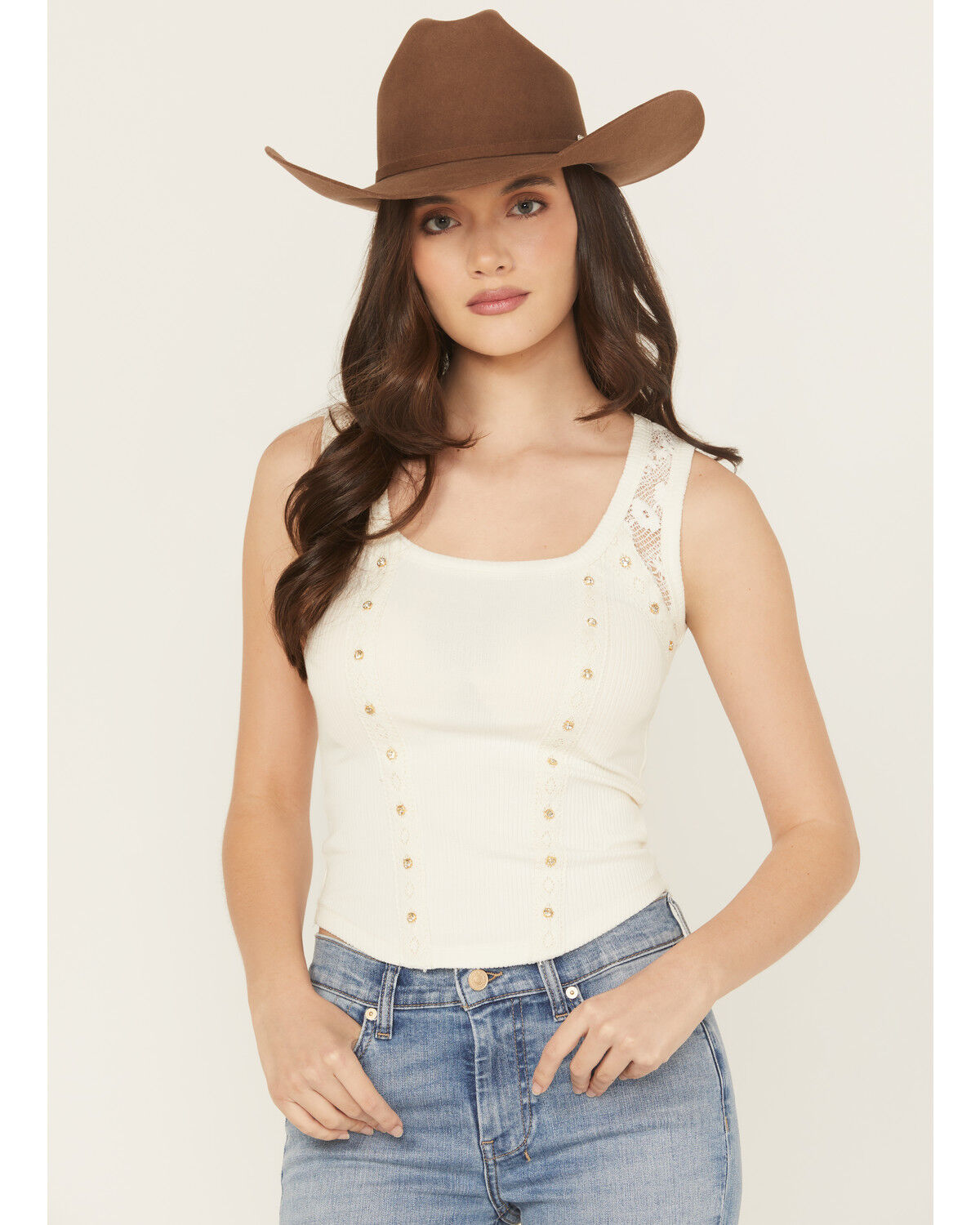 Image #1 - Miss Me Women's Rhinestone Rib Tank, Off White, hi-res
