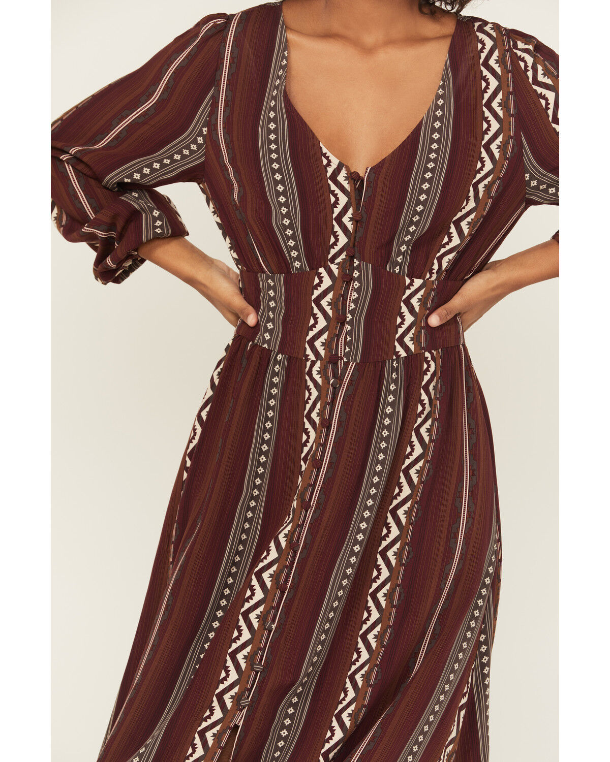 Image #3 - Wrangler Retro Women's Southwestern Striped Print Long Sleeve Button-Down Maxi Dress, Burgundy, hi-res
