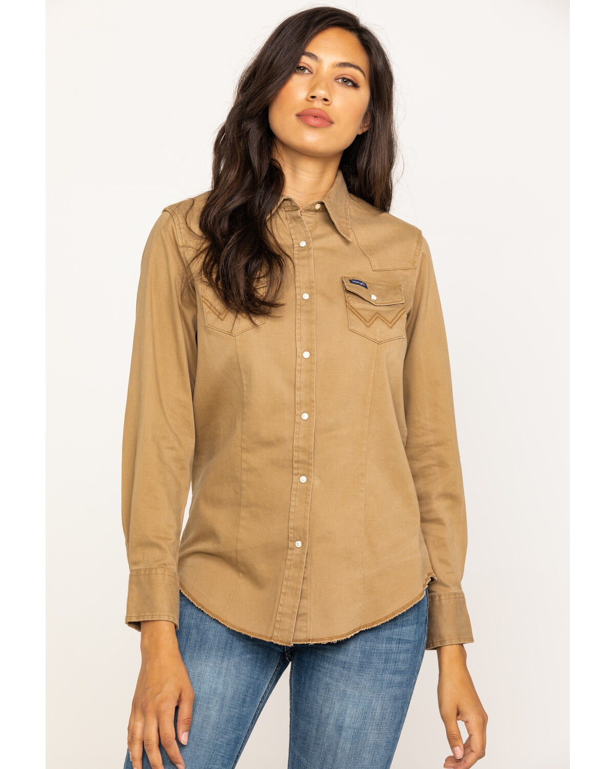 Image #6 - Wrangler Women's Solid Long Sleeve Snap Western Shirt, Tan, hi-res