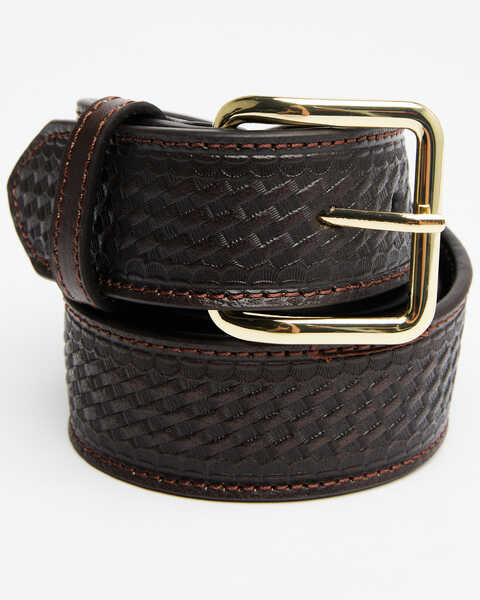 Double S Basketweave Embossed Money Pocket Leather Belt, Brown, hi-res