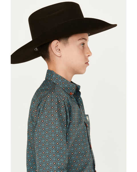 Ariat Boys' Broderick Medallion Print Long Sleeve Button-Down Shirt, Chocolate, hi-res