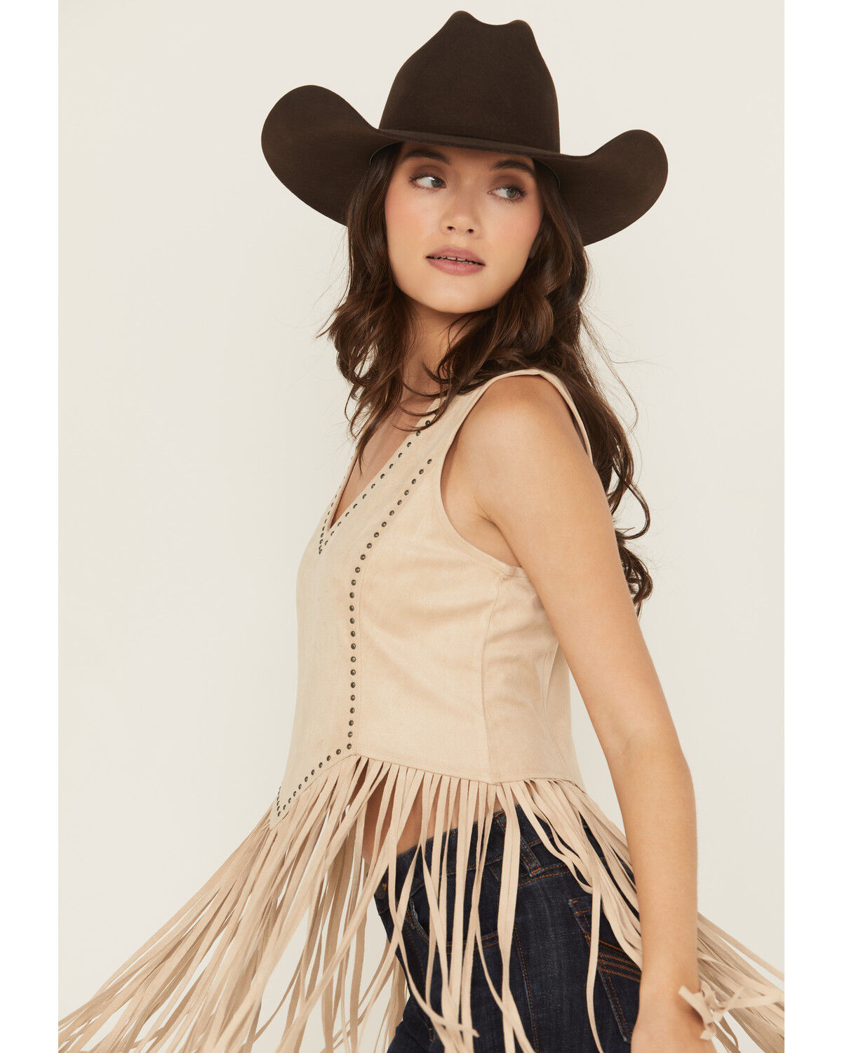 Image #2 - Idyllwind Women's Monticello Fringe Faux Suede Studded Tank, Stone, hi-res