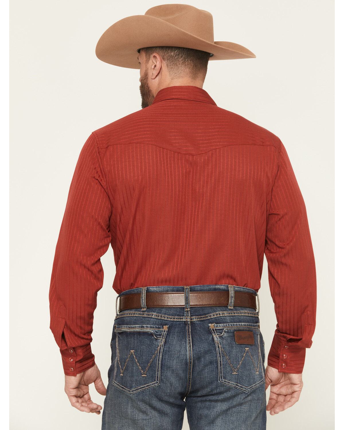 Image #4 - Wrangler Men's Tonal Striped Long Sleeve Pearl Snap Western Shirt, Burgundy, hi-res