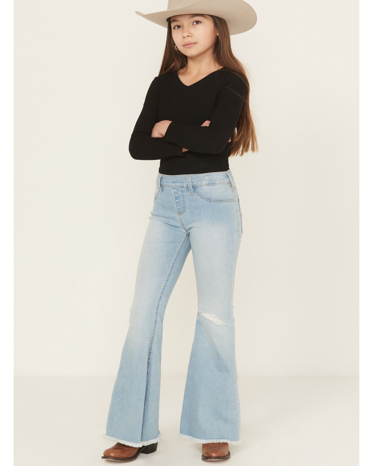 Shyanne Girls' Light Wash Flare Stretch Denim Jeans, Medium Wash, hi-res